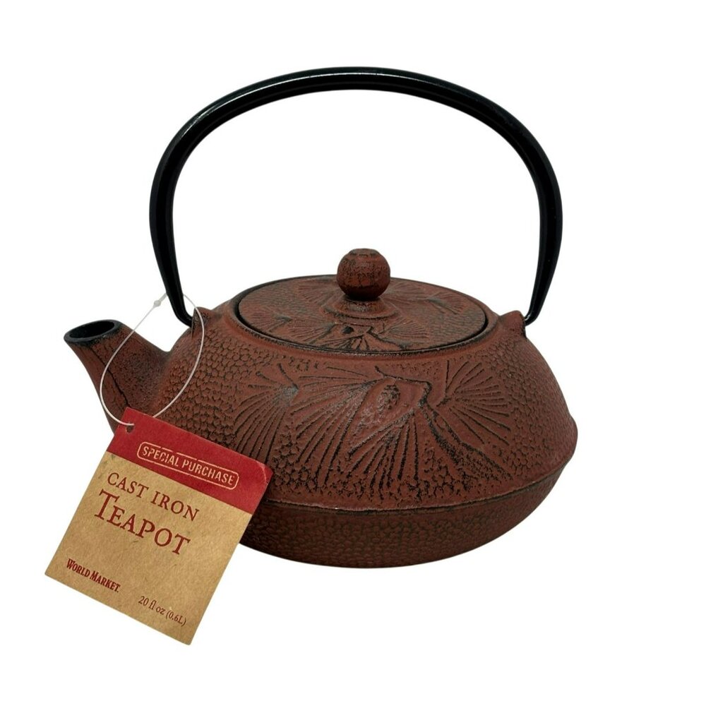 CAST IRON TEAPOT World Market Brick Red Pinecones 20 oz